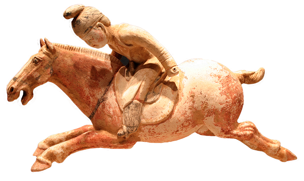Tomb figure of a woman playing polo. Tang dynasty (618–906). Earthenware, traces of polychrome decoration, 15 1/8 by 12 ½ by 5 3/16 inches (38.4 by 31.8 by 13.2 cm). Norton Museum of Art, Purchase, the R.H. Norton Trust, 62.14. © Norton Museum of Art