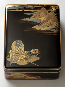 Writing box (suzuribako) with design of Ono no Komachi, Japan, circa 1800, Lacquer, gold, silver, carved purple glass, black lacquered metal, gold metal on wood, suzy (tin alloy) rims, The Jacqueline Avant Collection, Photograph Susan Einstein, Los Angeles.