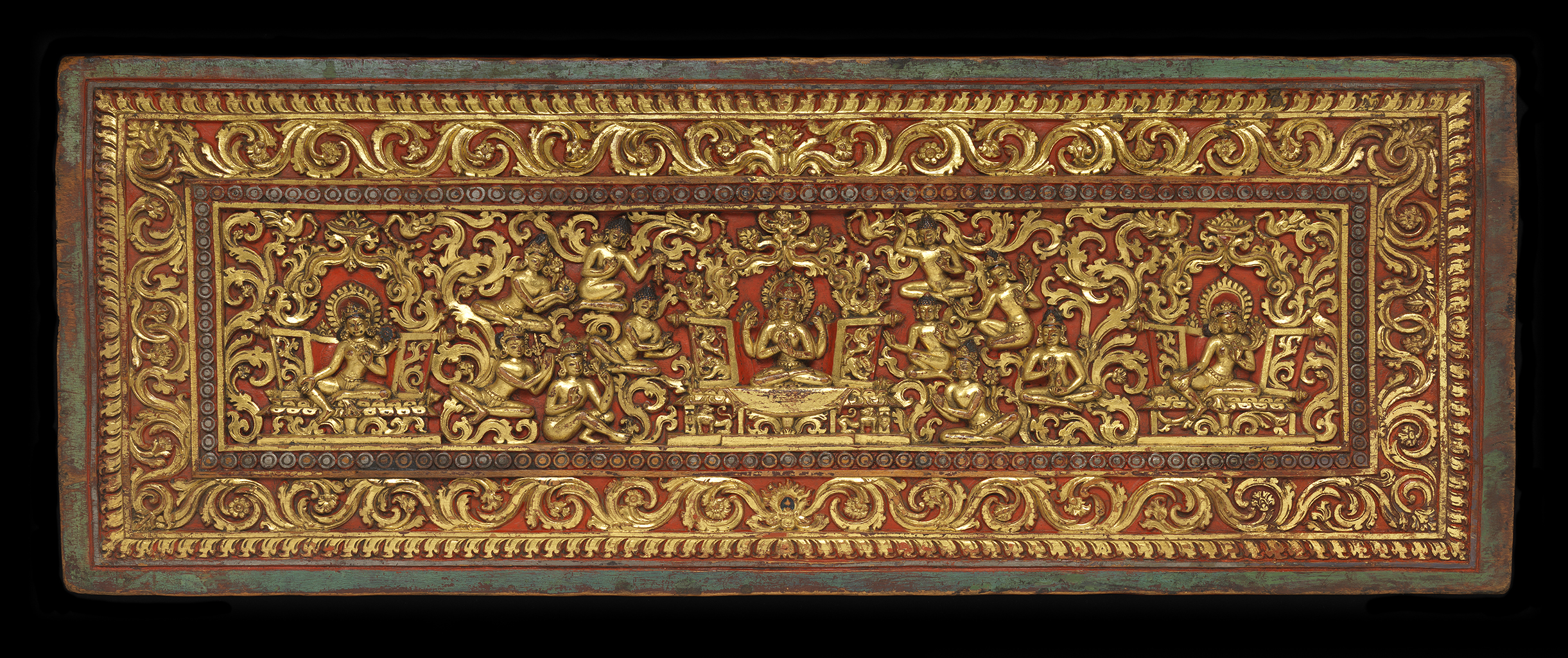 Prajnaparamita and Deities. Outer Face, Upper Cover for a Prajnaparamita Sutra. Tibet; 15th century. Wood, paint and gilding